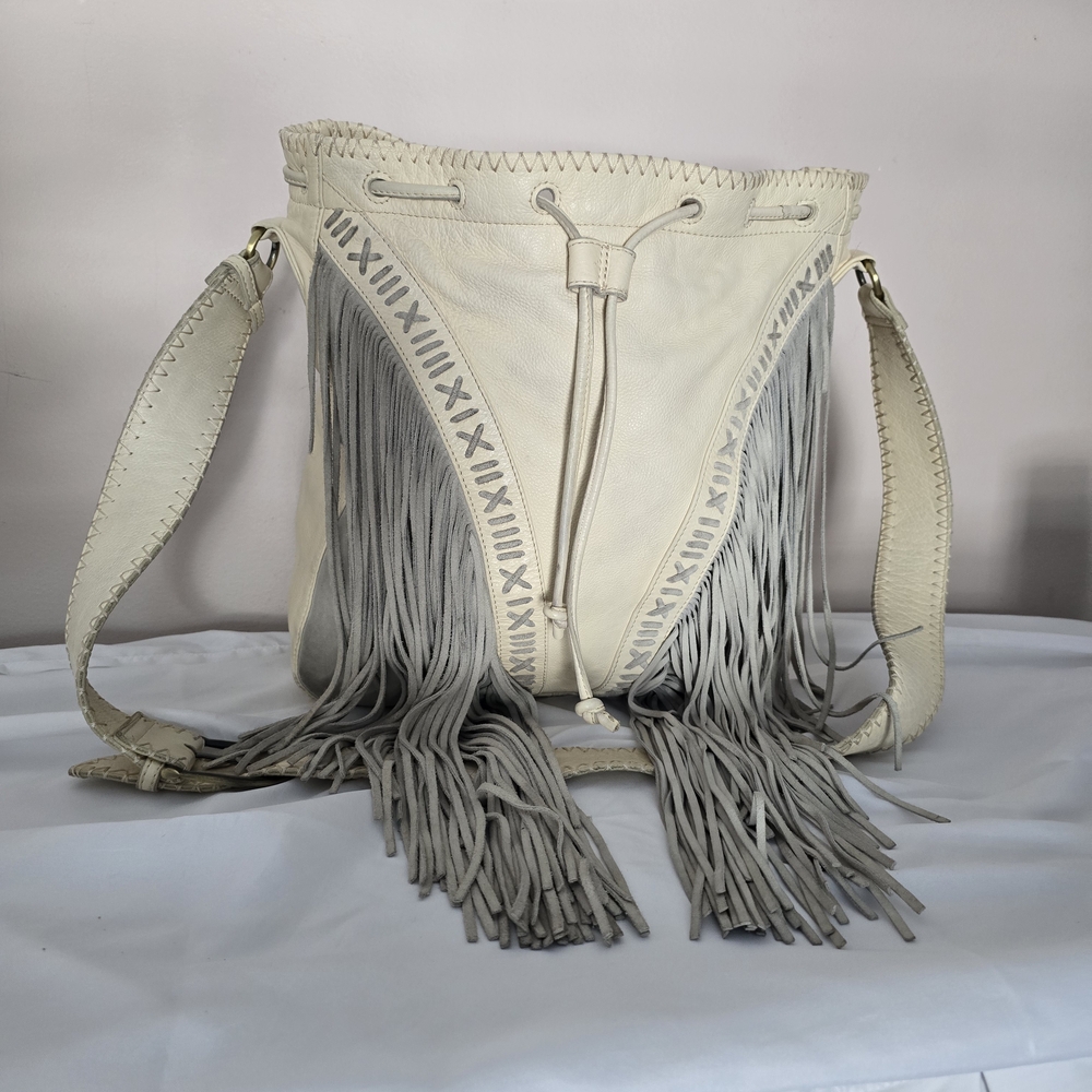 Free People Cream and Gray Fringe Shoulder Bag